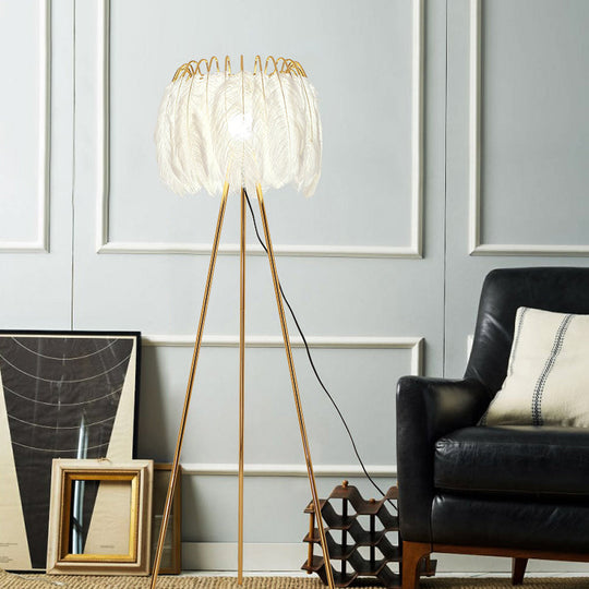 Post-Modern Gold Tripod Floor Lamp - Feather Design, 1 Bulb - Ideal for Living Room