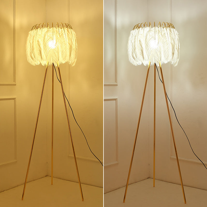 Post-Modern Gold Tripod Floor Lamp - Feather Design, 1 Bulb - Ideal for Living Room