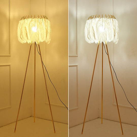 Post-Modern Gold Tripod Floor Lamp - Feather Design, 1 Bulb - Ideal for Living Room