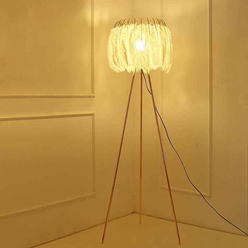 Post-Modern Gold Tripod Floor Lamp - Feather Design, 1 Bulb - Ideal for Living Room