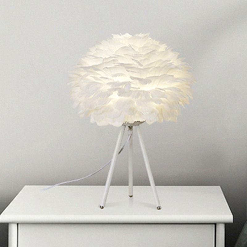 Sleek Feathered Bedside Lamp: Minimalistic Spherical Night Light with Tripod
