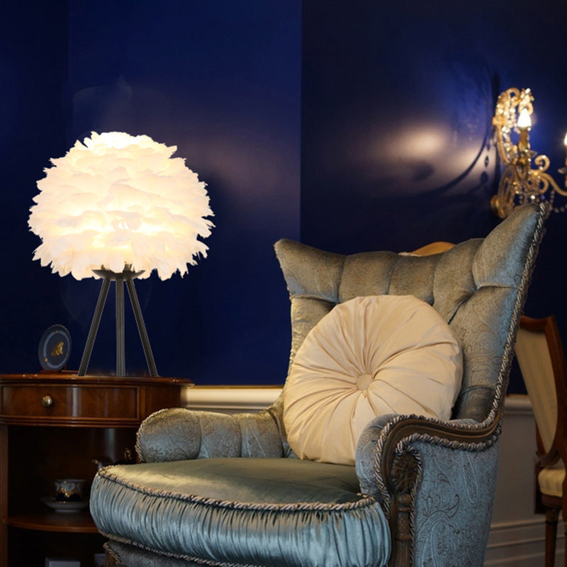 Sleek Feathered Bedside Lamp: Minimalistic Spherical Night Light with Tripod