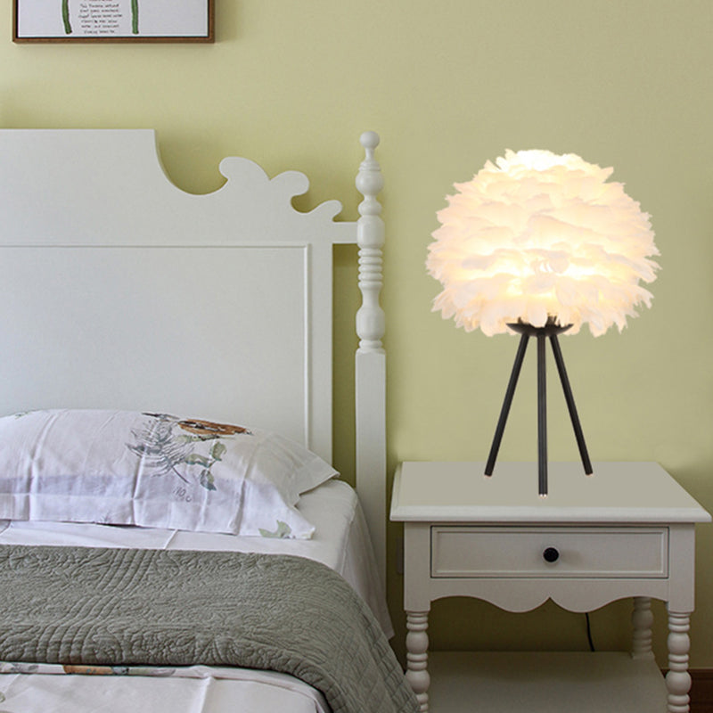 Sleek Feathered Bedside Lamp: Minimalistic Spherical Night Light with Tripod