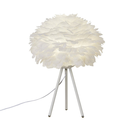 Sleek Feathered Bedside Lamp: Minimalistic Spherical Night Light with Tripod