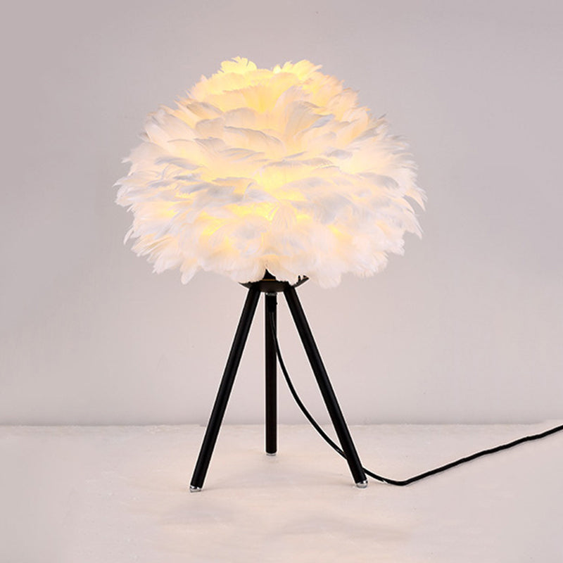 Sleek Feathered Bedside Lamp: Minimalistic Spherical Night Light with Tripod