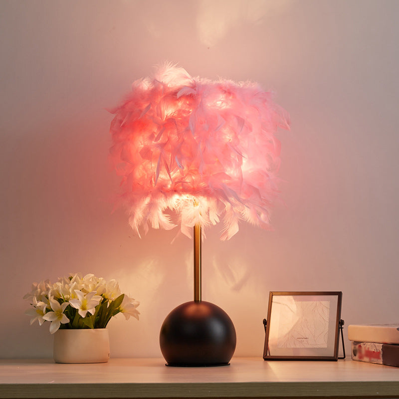 Nordic Feather Cylinder Nightstand Light - Bedroom Table Lamp with Dome Pedestal