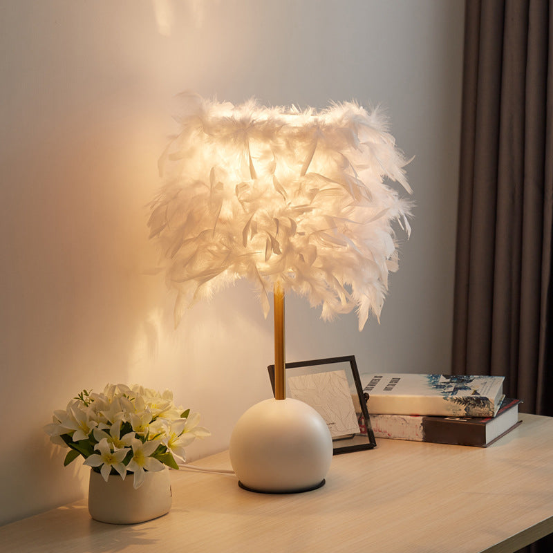 Nordic Feather Cylinder Nightstand Light - Bedroom Table Lamp with Dome Pedestal