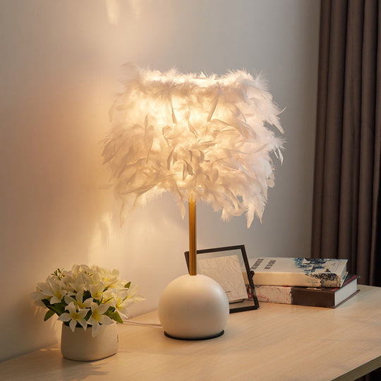 Nordic Feather Cylinder Nightstand Light - Bedroom Table Lamp with Dome Pedestal