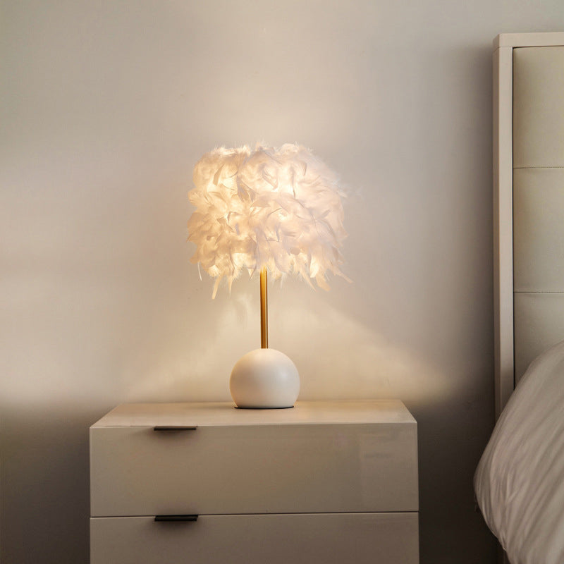 Nordic Feather Cylinder Nightstand Light - Bedroom Table Lamp with Dome Pedestal