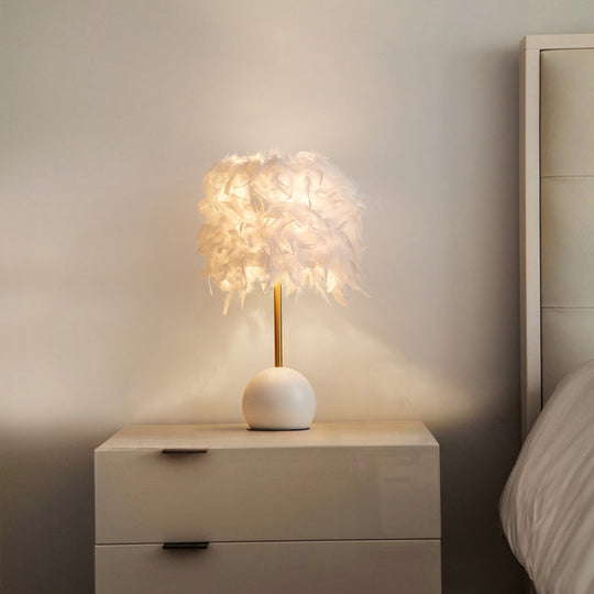Nordic Feather Cylinder Nightstand Light - Bedroom Table Lamp with Dome Pedestal