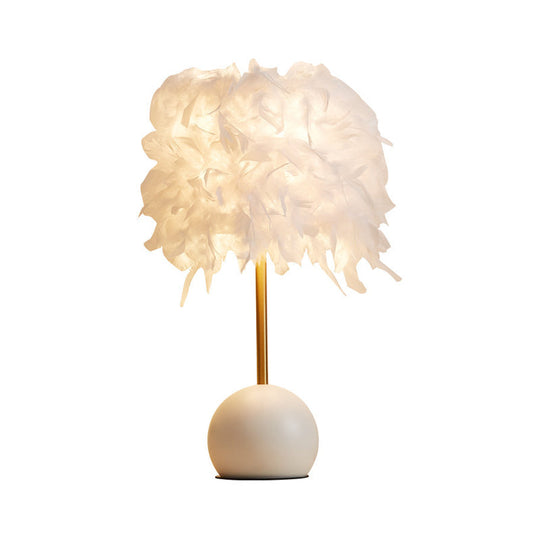 Nordic Feather Cylinder Nightstand Light - Bedroom Table Lamp with Dome Pedestal