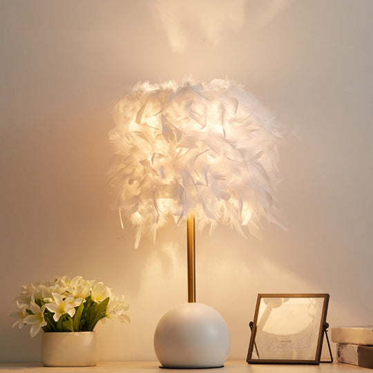 Nordic Feather Cylinder Nightstand Light - Bedroom Table Lamp with Dome Pedestal