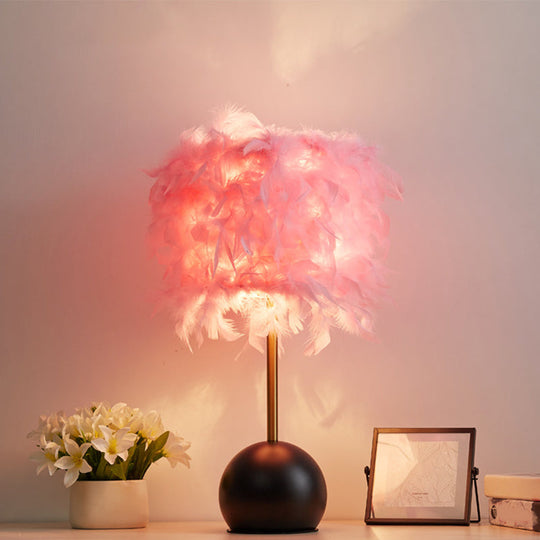 Nordic Feather Cylinder Nightstand Light - Bedroom Table Lamp with Dome Pedestal
