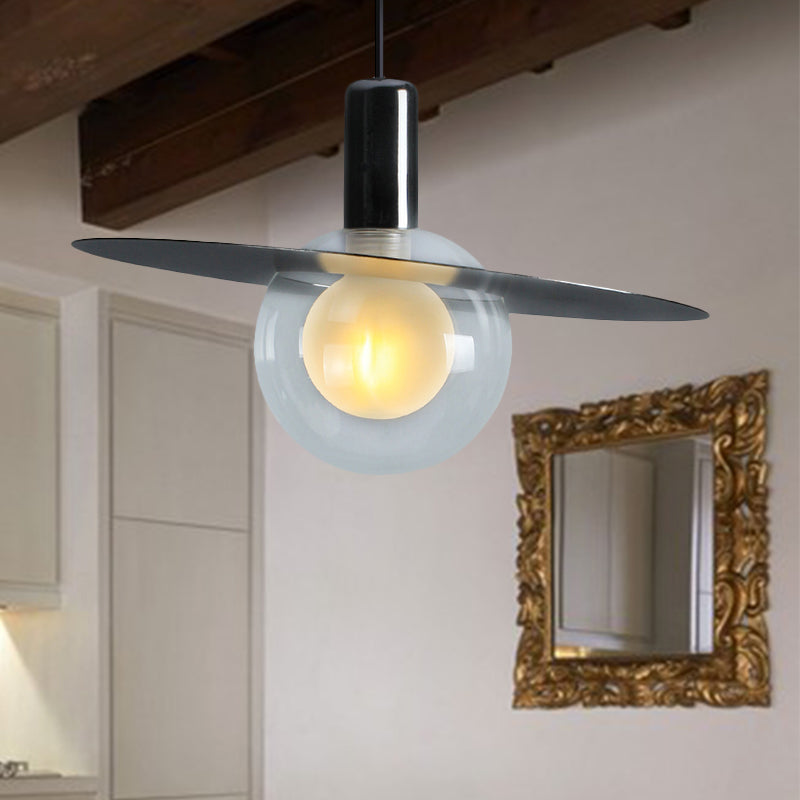 Contemporary LED Pendant Lamp: Globe Clear Glass, Black Hanging Light Fixture with Ring Disk