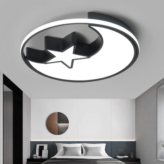 Modern LED Flush Mounted Lamp: Black Crescent and Star Ceiling Light with Acrylic Shade for Kids