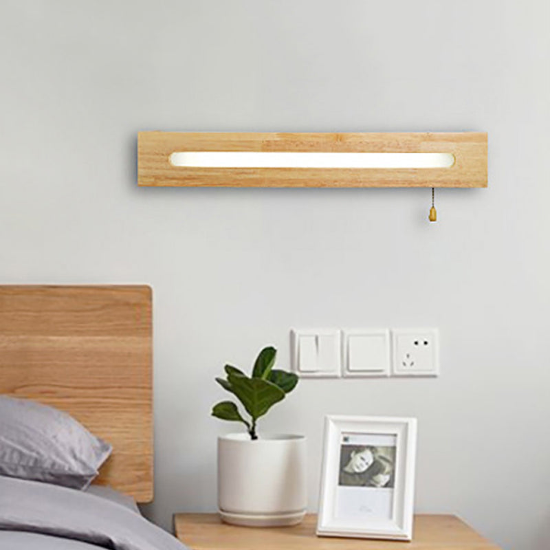 Modern Wooden Rectangle Vanity Lamp Beige Wall Sconce Light with Pull Chain and Diffuser - 18"/21.5" Wide