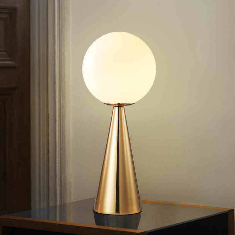 Minimalist Brass Plated Conical Table Lamp with White Glass Shade