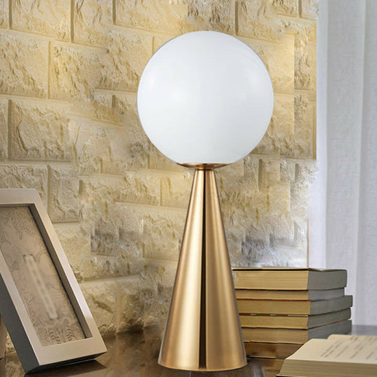 Minimalist Brass Plated Conical Table Lamp with White Glass Shade