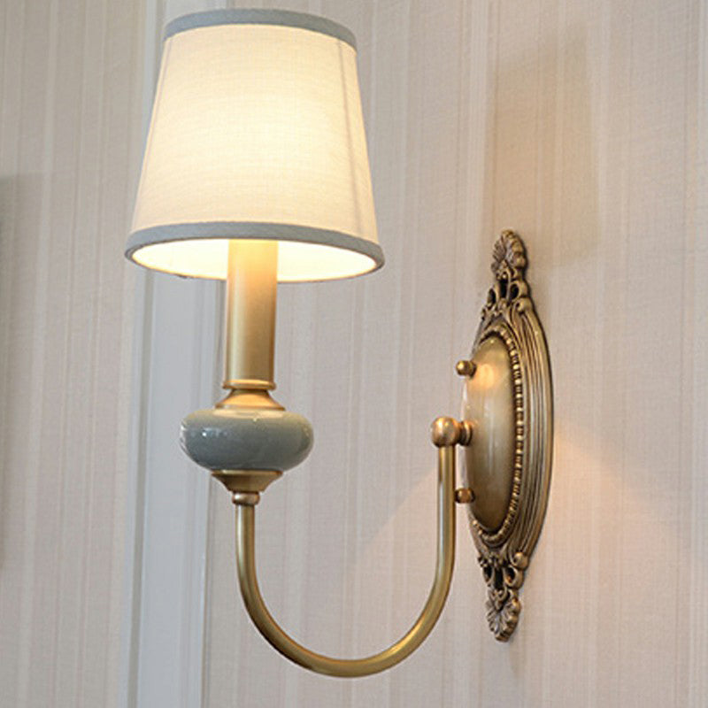 Traditional Brass Swoop Arm Living Room Sconce Light with Tapered Fabric Shade
