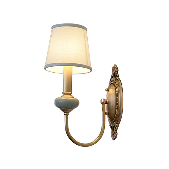Traditional Brass Swoop Arm Living Room Sconce Light with Tapered Fabric Shade