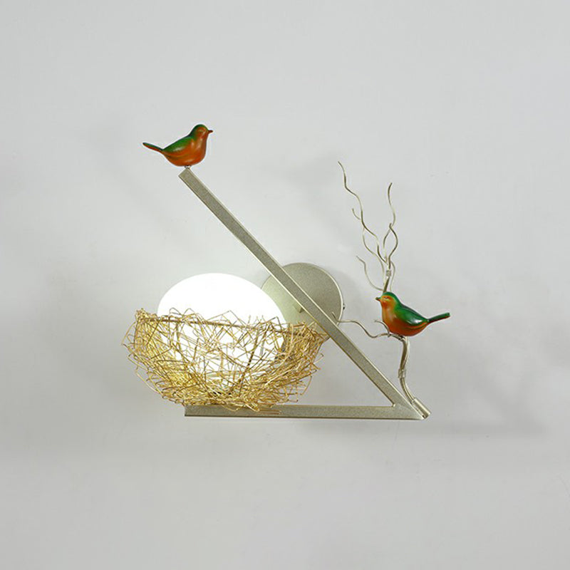 Aluminum Bird Den Wall Sconce Art Decor with 1-Light, Gold Finish, Oval White Glass Shade