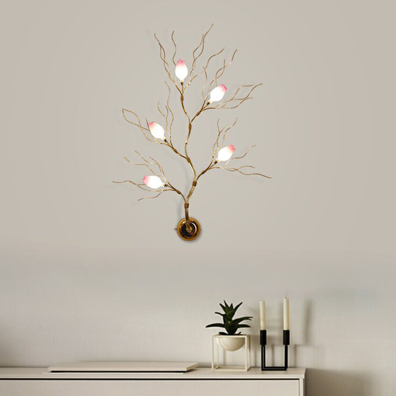 Golden Aluminum Wall Mount Sconce with 5 Artistic Rose Lights for Living Room