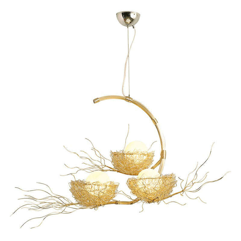 Modern Nest Pendant Light in Beige Aluminum - 3 Heads Chandelier Fixture for Dining Room