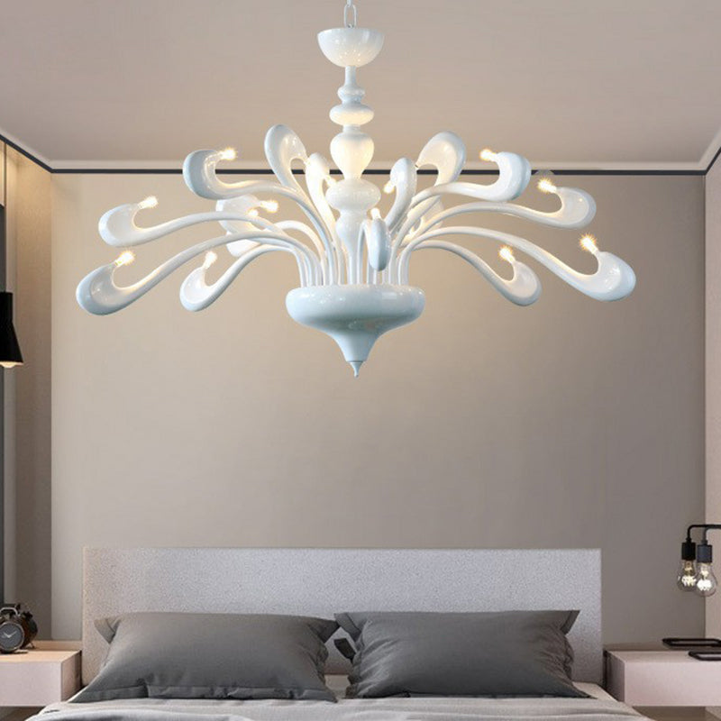 Minimalist Swan Chandelier in White - Metallic Living Room Hanging Light with 12 Bulbs