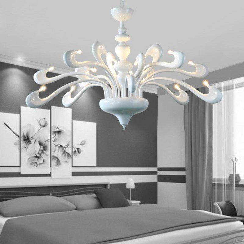 Minimalist Swan Chandelier in White - Metallic Living Room Hanging Light with 12 Bulbs