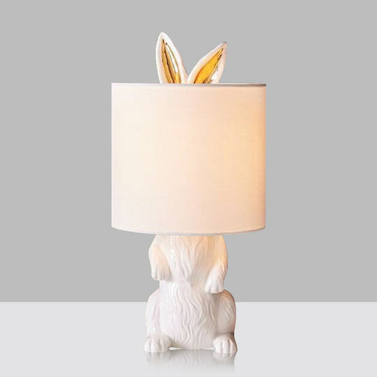 White Rabbit Pedestal Cartoon Night Light for Bedroom - Fabric, Cylindrical Table Lamp
