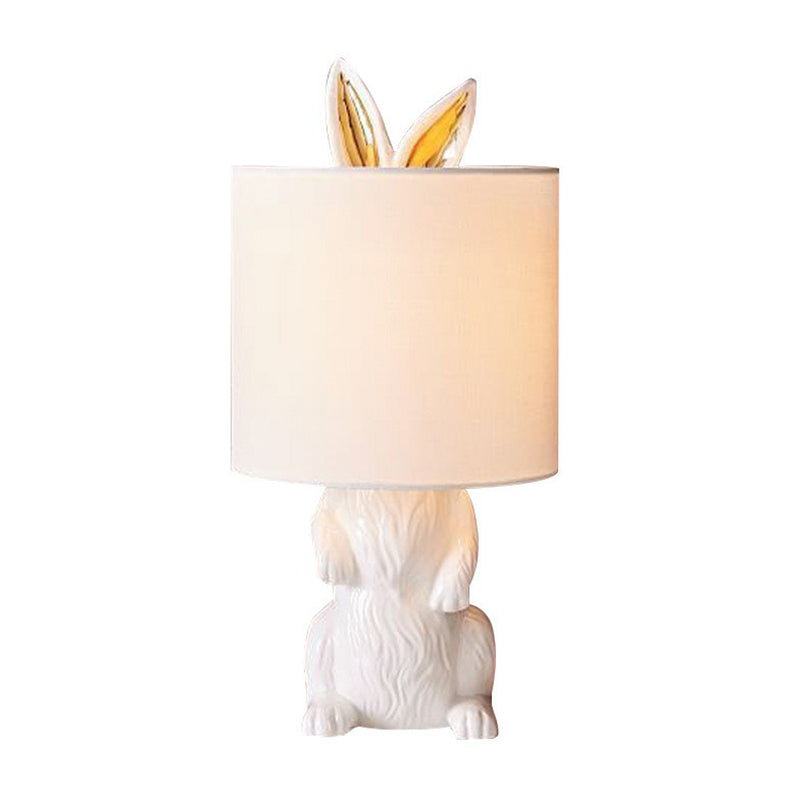 White Rabbit Pedestal Cartoon Night Light for Bedroom - Fabric, Cylindrical Table Lamp