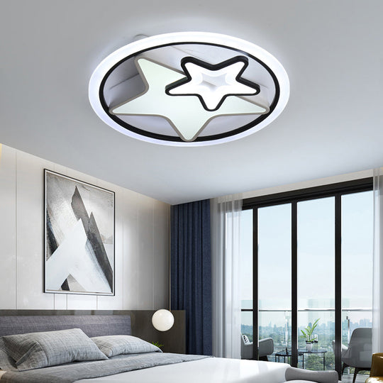 Cartoon LED Kids Ceiling Lamp in Black Metal – Round Flush Mount Fixture
