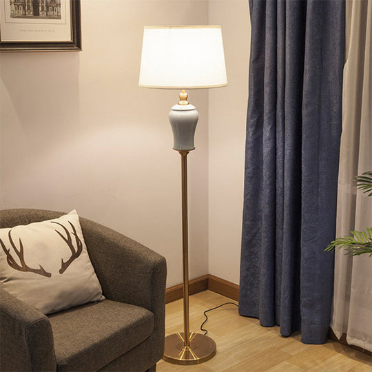 Modern Tapered Drum Floor Lamp in White - Elegant Fabric Shade, 1 Bulb - Ideal for Living Rooms