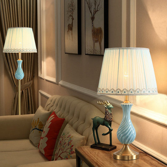 Blue Ceramic Table Lamp with Pleated Fabric Shade - Modern Nightstand Light