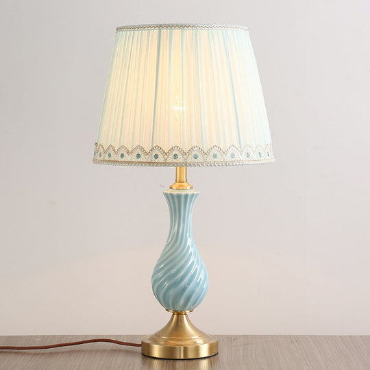 Blue Ceramic Table Lamp with Pleated Fabric Shade - Modern Nightstand Light