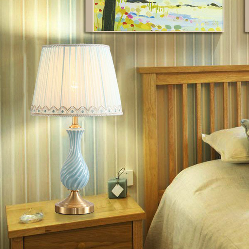 Blue Ceramic Table Lamp with Pleated Fabric Shade - Modern Nightstand Light