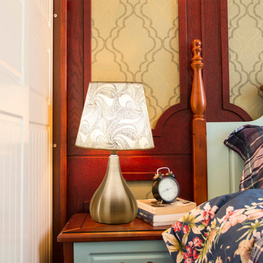 Contemporary Silver Table Lamp with Empire Shade Print Fabric - 1-Light Nightstand Light