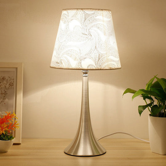 Contemporary Silver Table Lamp with Empire Shade Print Fabric - 1-Light Nightstand Light