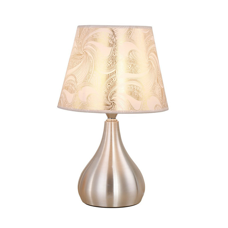 Contemporary Silver Table Lamp with Empire Shade Print Fabric - 1-Light Nightstand Light
