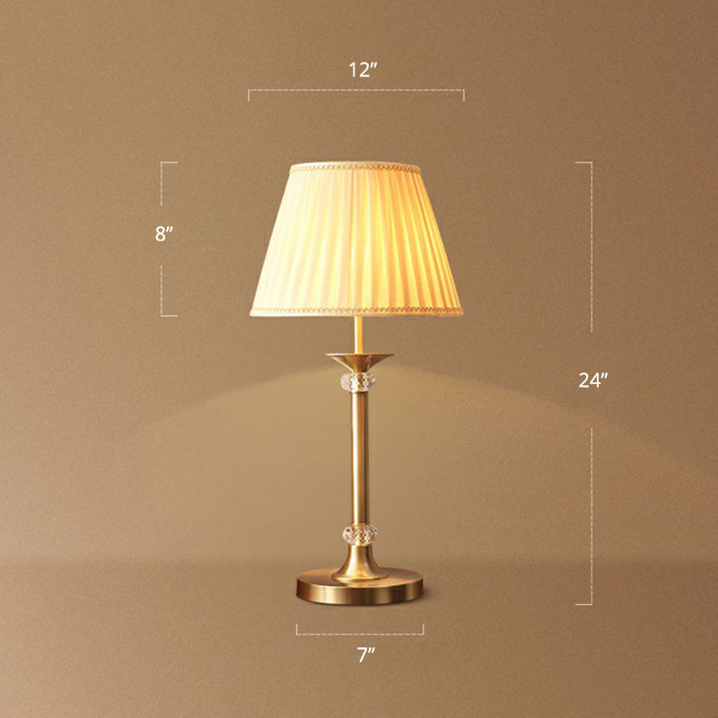 Modern Brass Table Lamp with Pleated Fabric Empire Shade - Single Bedside Night Light