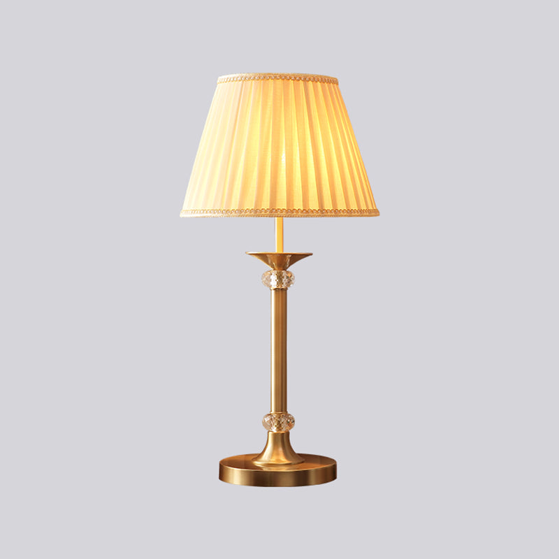 Modern Brass Table Lamp with Pleated Fabric Empire Shade - Single Bedside Night Light