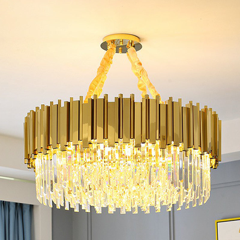 Modern Brass Drum Chandelier with Crystal Prism Shade - Simple Style Suspension Light