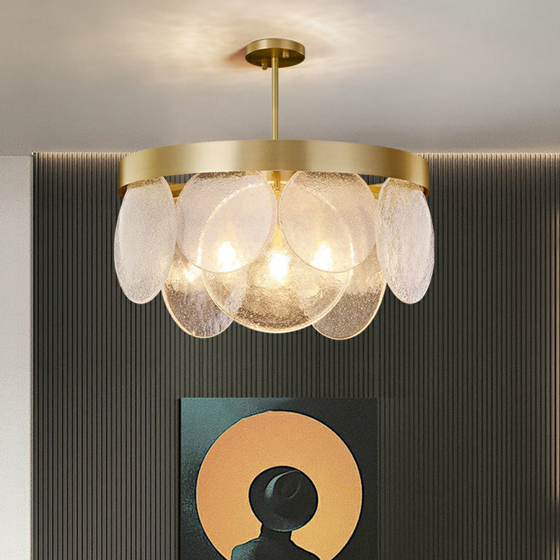 Seeded Glass Disc Chandelier with Brass Finish: 3-Light Pendant for Postmodern Living Room