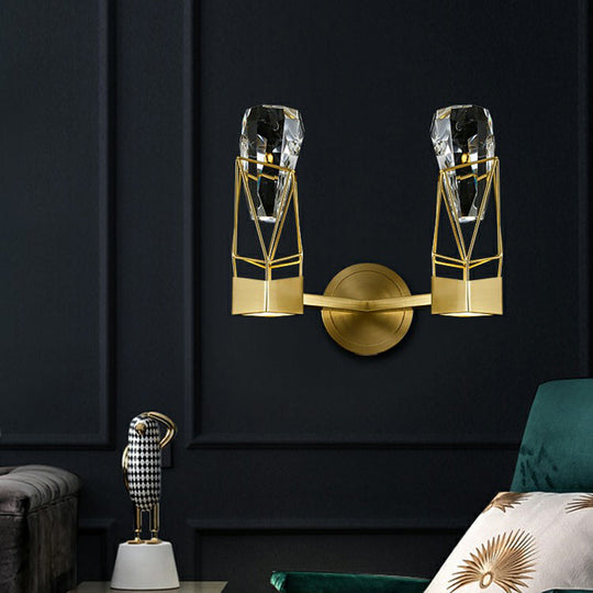 Modern Brass Wall Sconce with Crystal Rock Deco, Metal Light Fixture