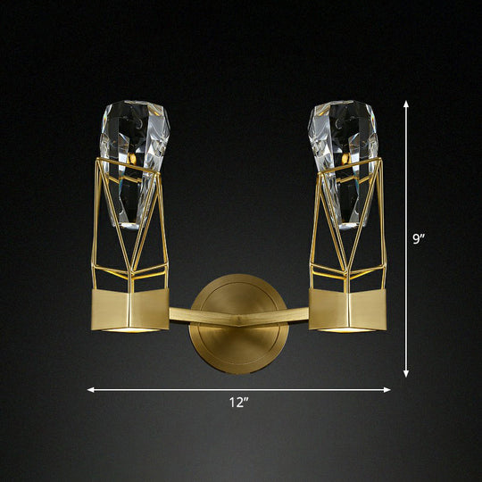 Modern Brass Wall Sconce with Crystal Rock Deco, Metal Light Fixture
