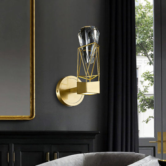 Modern Brass Wall Sconce with Crystal Rock Deco, Metal Light Fixture