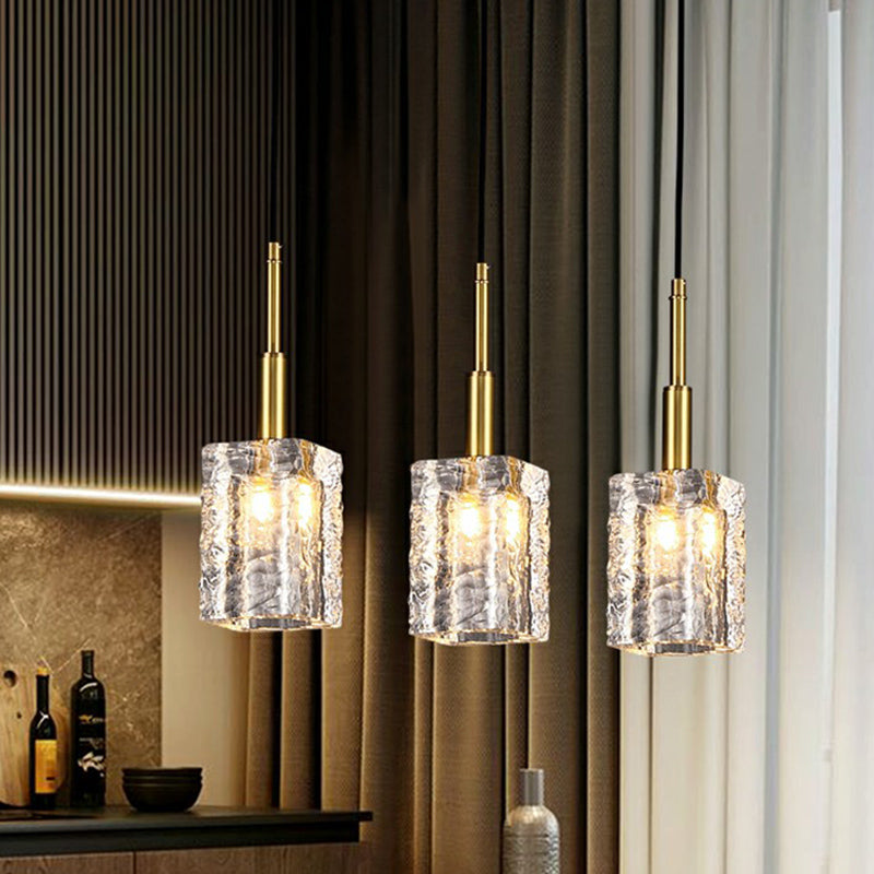 Gold Rectangular Dining Room Pendulum Light with Clear Rippled Crystal - Elegant 1-Bulb Hanging Fixture