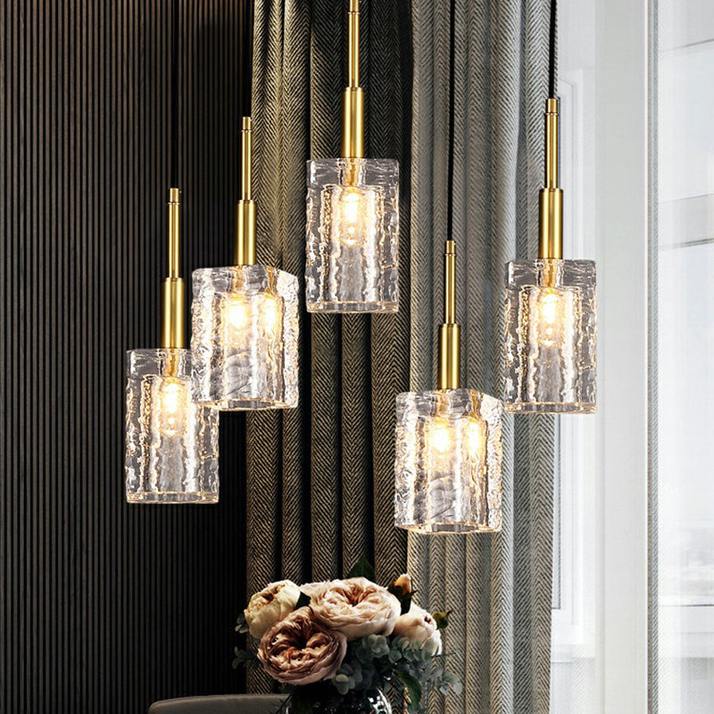 Gold Rectangular Dining Room Pendulum Light with Clear Rippled Crystal - Elegant 1-Bulb Hanging Fixture