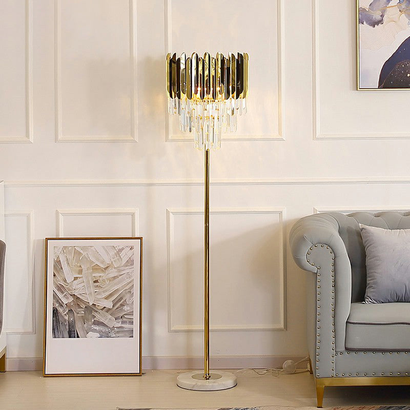 Postmodern Gold Taper Floor Lamp with 3-Light Prismatic Crystal for Living Room
