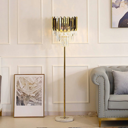 Postmodern Gold Taper Floor Lamp with 3-Light Prismatic Crystal for Living Room